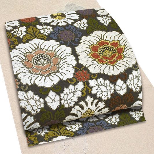 在庫処分 西陣橋本テル織物謹製 灰地 花唐草模様 正絹 六通 袋帯 新品