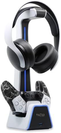 Tilted Nation RGBヘッドセットとコントローラースタンド 充電ステーション付き - プレイステーションまたはPC用 - PS4 | PS5コントローラーホルダー 充電器付き - デスク用ヘッドホンとゲームコントローラーホルダ