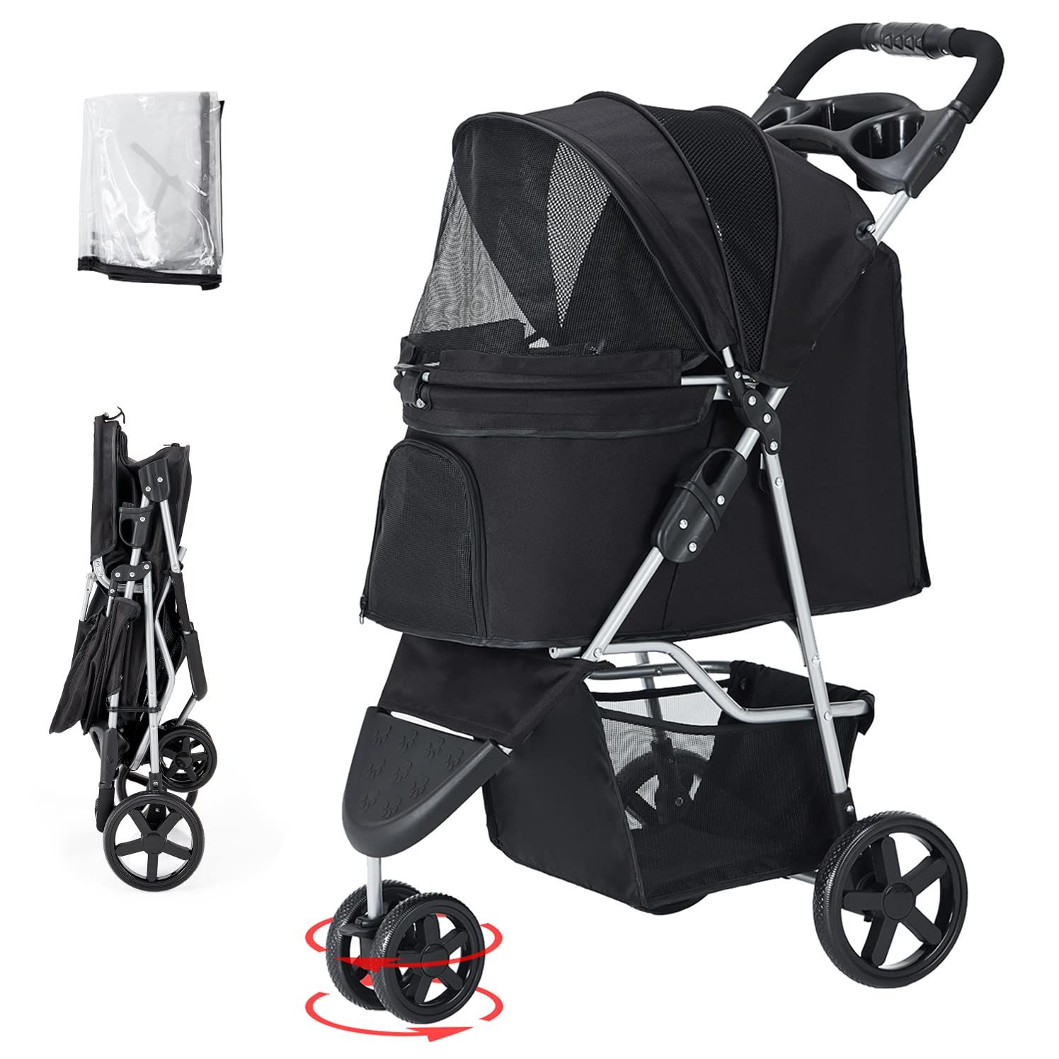 収納豊富☆ 3輪 ペットカート 折り畳み 耐荷重15kg ベージュ 他カラー有