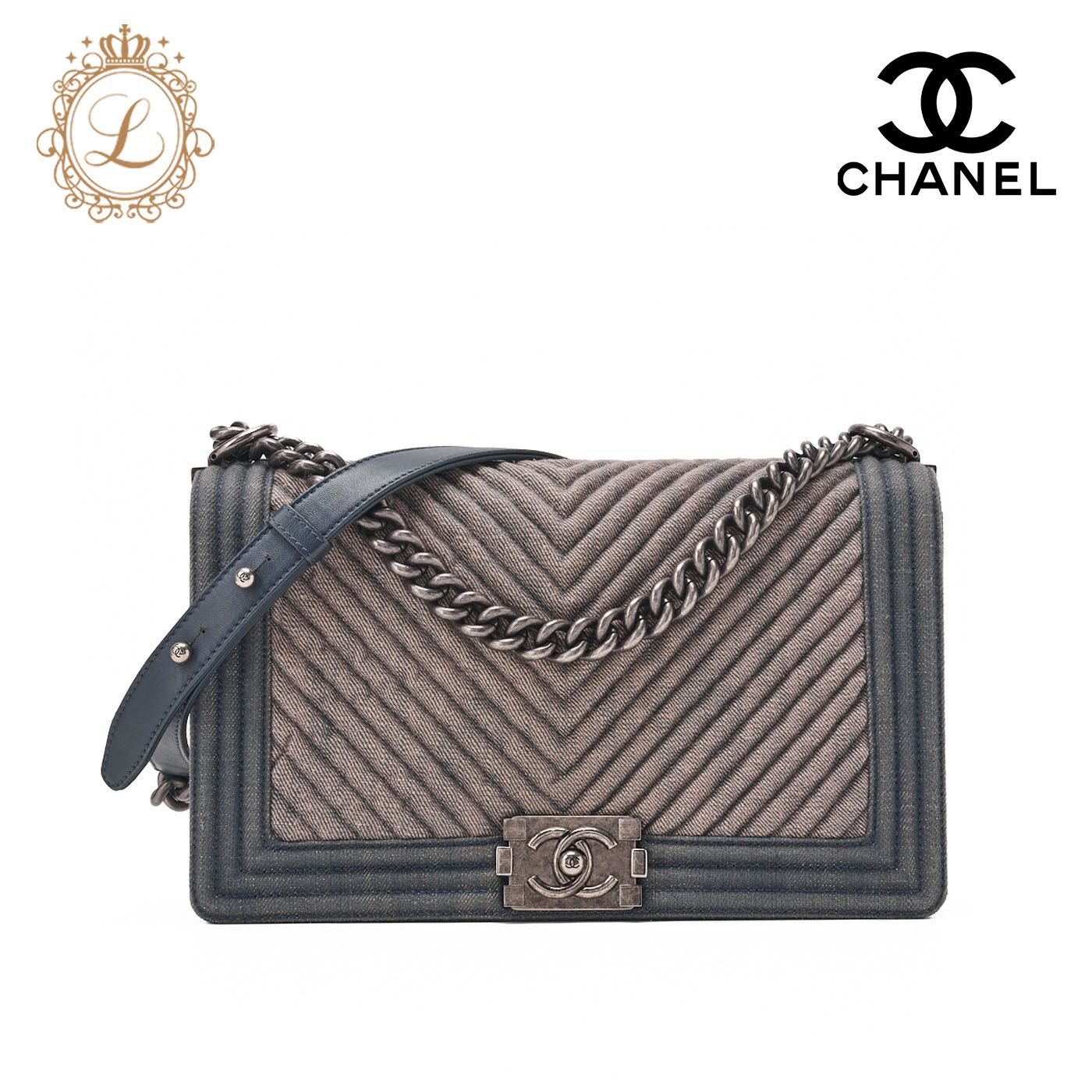 CHANEL シャネル ボーイシャネル Vステッチ チェーンショルダー デニム ラージサイズ ブルー シルバ金具 ハイブランド 送料無料