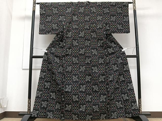 平和屋着物▽上質な紬 単衣 市松花文 黒地 正絹 逸品 CAAU3860xi