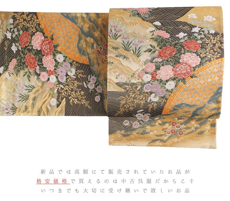 中古】 袋帯 正絹 唐織 金糸 クリーム色 赤 ピンク 橙 黄色 白 紫 緑