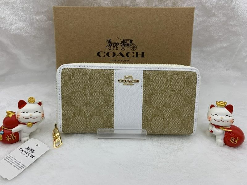 コーチ 長財布 COACH 財布 カーキ×ホワイト ストライプ エレガント ラウンドファスナー ウォレット アウトレット プレゼント シグネチャー ロング ジップ 新品未使用 ファッション  F52859 A307Z-25