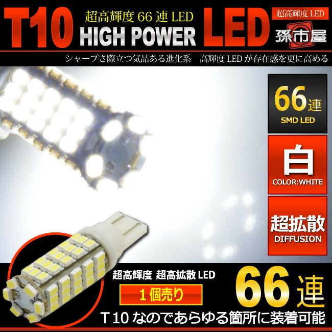 LED T10 SMD 66連 白 ホワイト 【T10ウェッジ球】 T16 バックランプ・ポジションランプ 等 高輝度 超広角の照射角度270度 12V 車 バルブ【孫市屋】(LBS66W)
