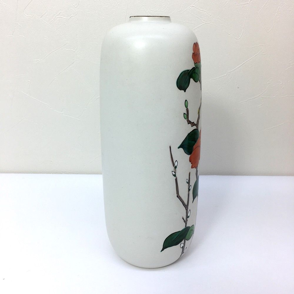 長期保管未使用品 九谷焼 花瓶 椿 花柄 骨董品 一輪挿し 木箱付き