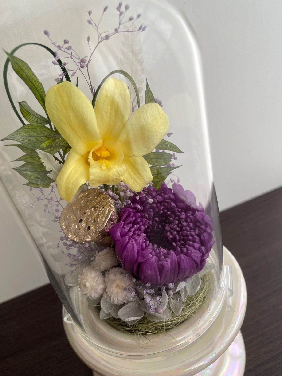 プリザーブドフラワー＊ ガラスドーム 輪菊 デンファレ 蓮入＊ ストア