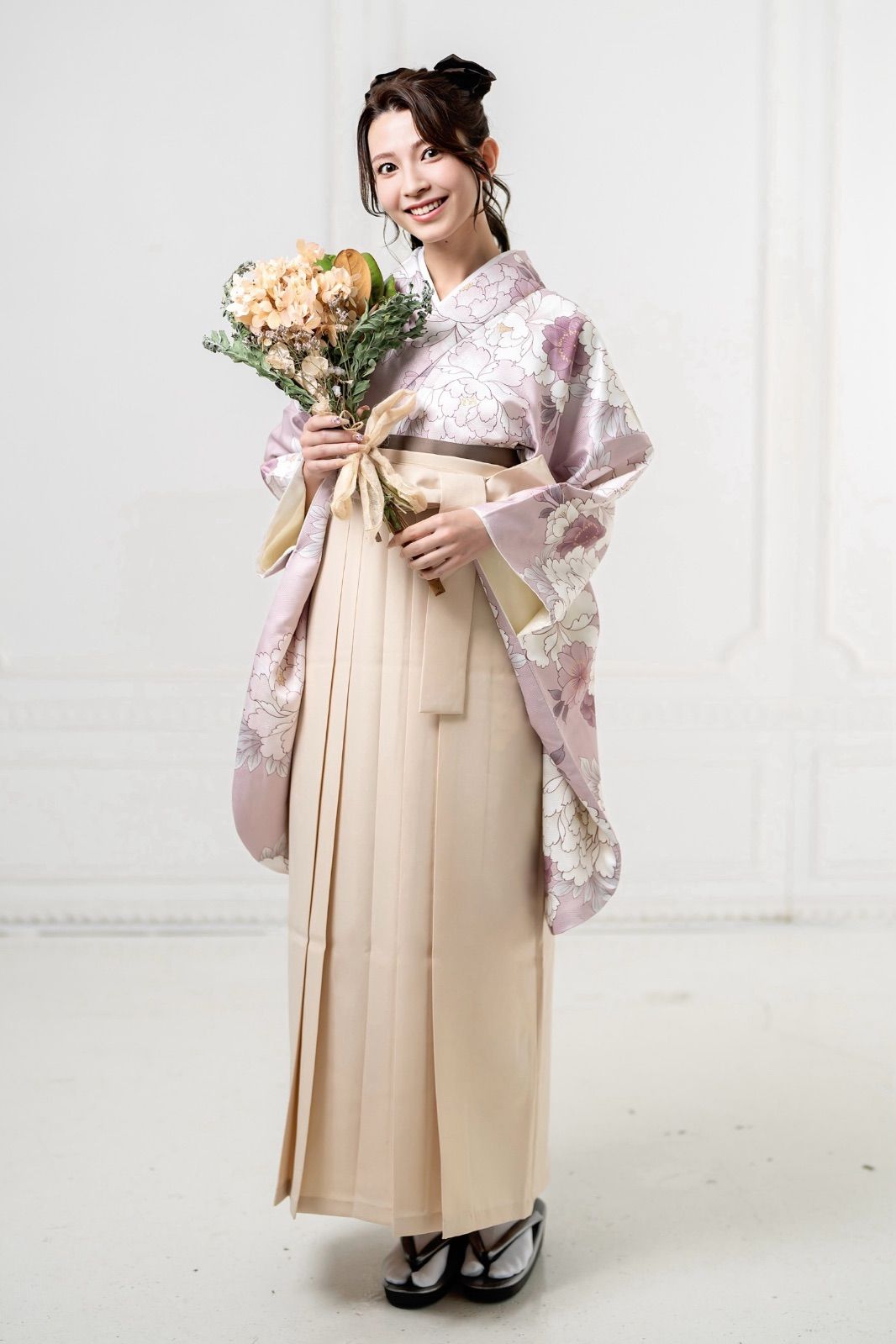 着物ジェンヌ 卒業式袴3点セット くすみピンク 牡丹 桜 二尺袖 着物 