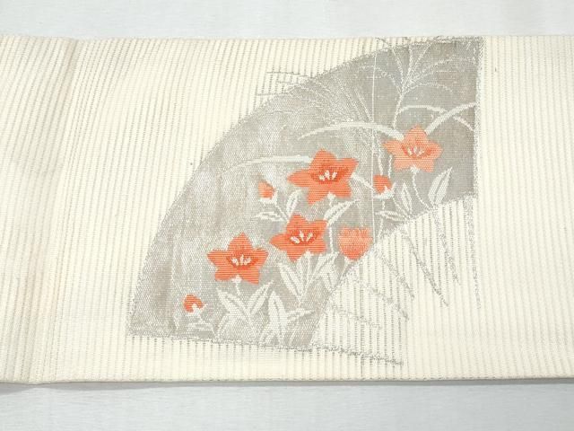 N-742◆美品 綿 夏着物 名古屋帯 平和屋着物＊夏物 九寸名古屋帯 扇面桔梗文 銀糸 正絹 逸品