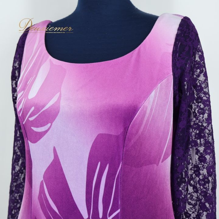 フラダンス 衣装 ワンピース ドレス パープル系 u ino! フラ ダンス モンステラ柄 花柄 レース 長袖 ベロア 光沢 感 華やか 鮮やか ハワイアン アロハ 上品 かわいい ハワイ製 ハワイアンプリント uino