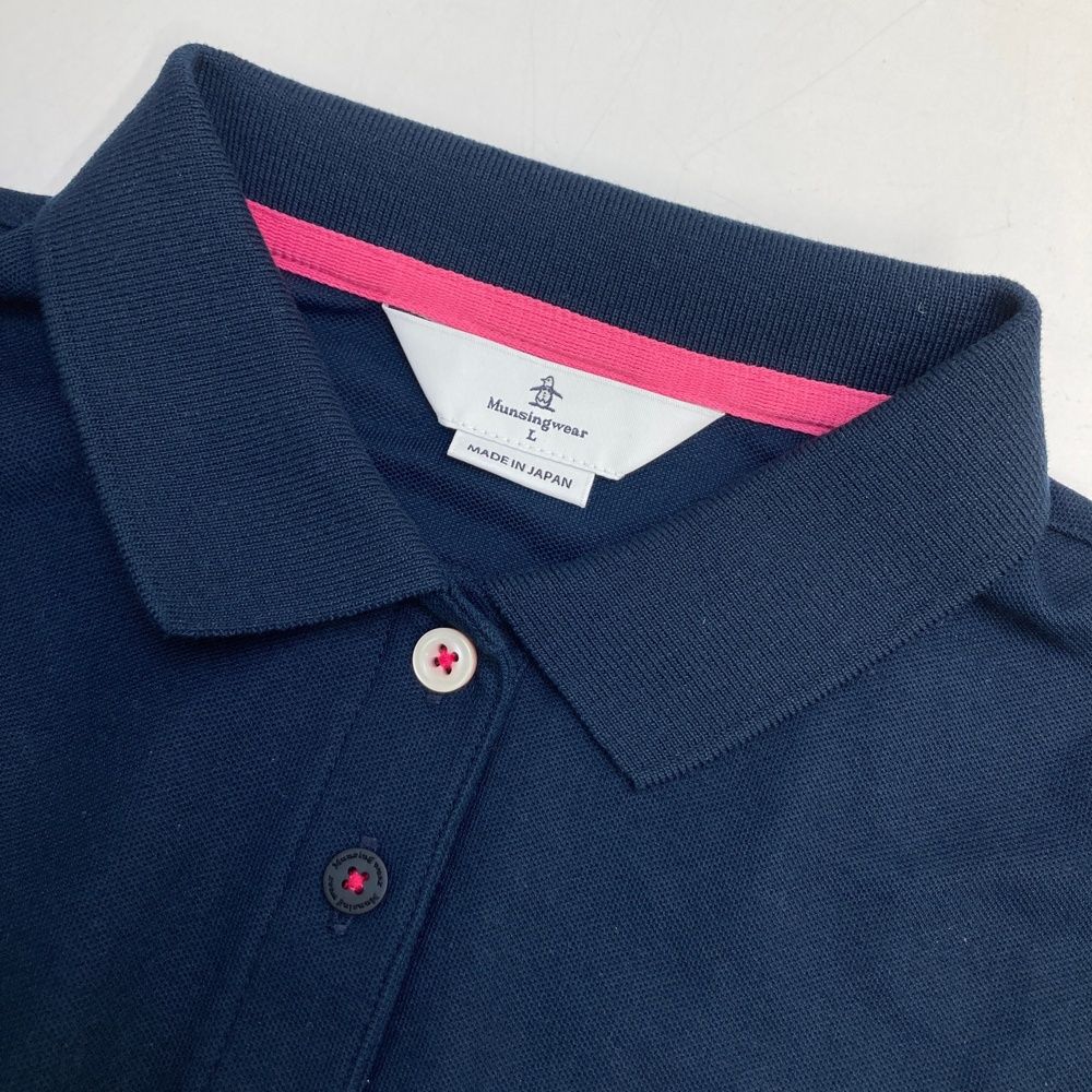 Munsingwear ネイビー長袖ポロシャツ L 超美品】マンシングウェア 長袖ポロシャツ ネイビー 英字総柄織