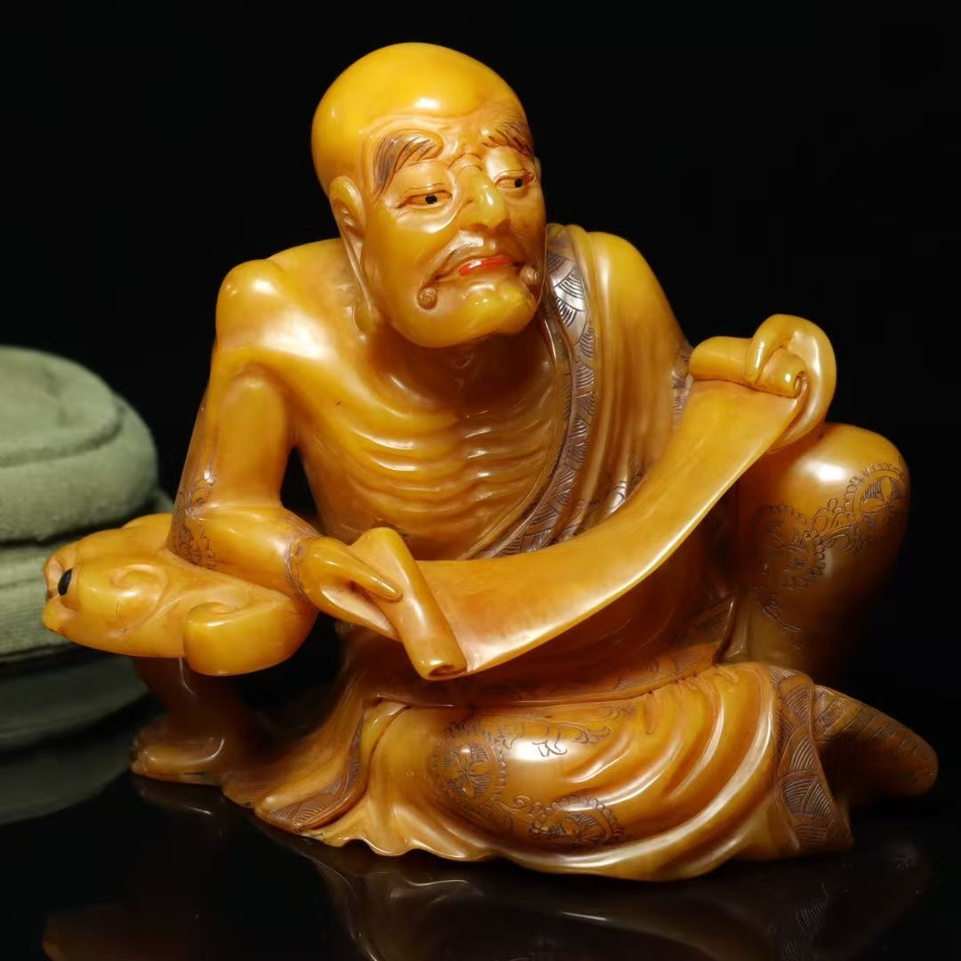 中国古美術.旧蔵.篆刻家『尚均』彫刻石、寿山石田黄石彫刻人物置物 