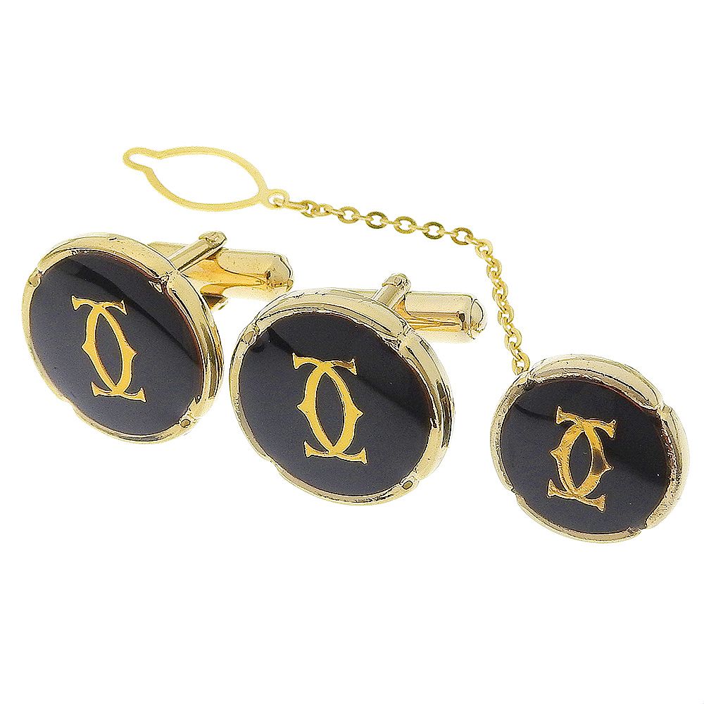 カルティエ　カフス　タイピン　セット販売　ロゴ　ブラック　美品　ヴィンテージ 本物保証】 箱付 カルティエ CARTIER ロゴ カフス・タイピン