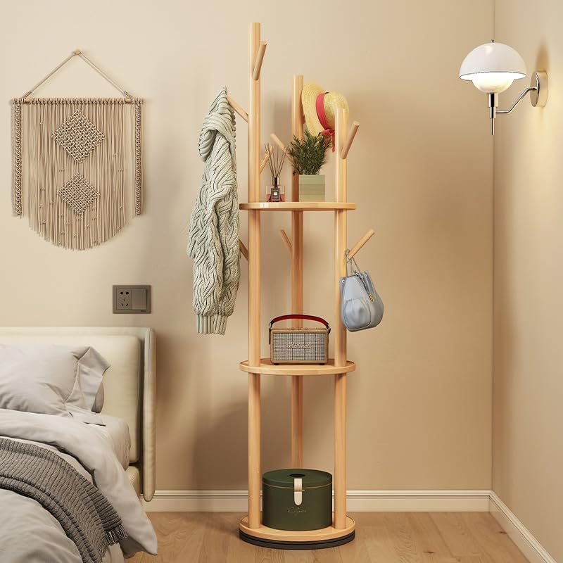 ポールハンガー 木製 回転式 3 段棚付き PonyLes スリムコートハンガー 省スペース 組立簡単 ナチュラル