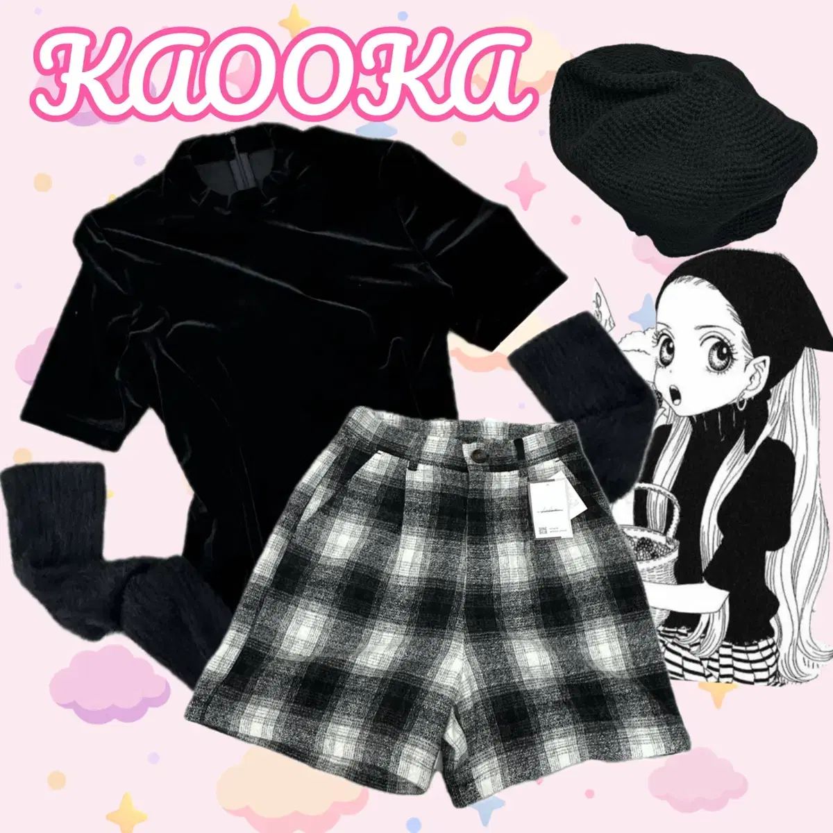日本ヴィンテージ シュシュ チョコレート コンセプト イラスト ベレー帽 アームウォーマー ブラック コーディネートセット