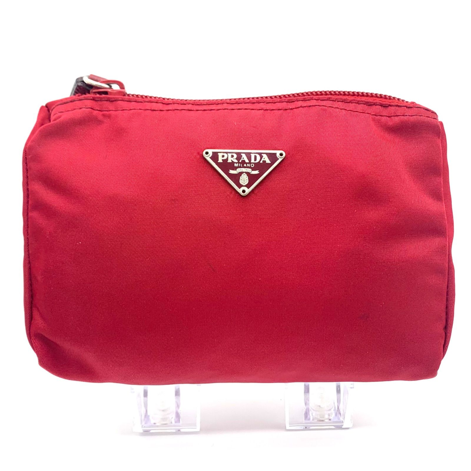 PRADA レッド ナイロン コインケース PRADA ナイロン ミニ ポーチ 小物入れ 三角ロゴ シルバー金具