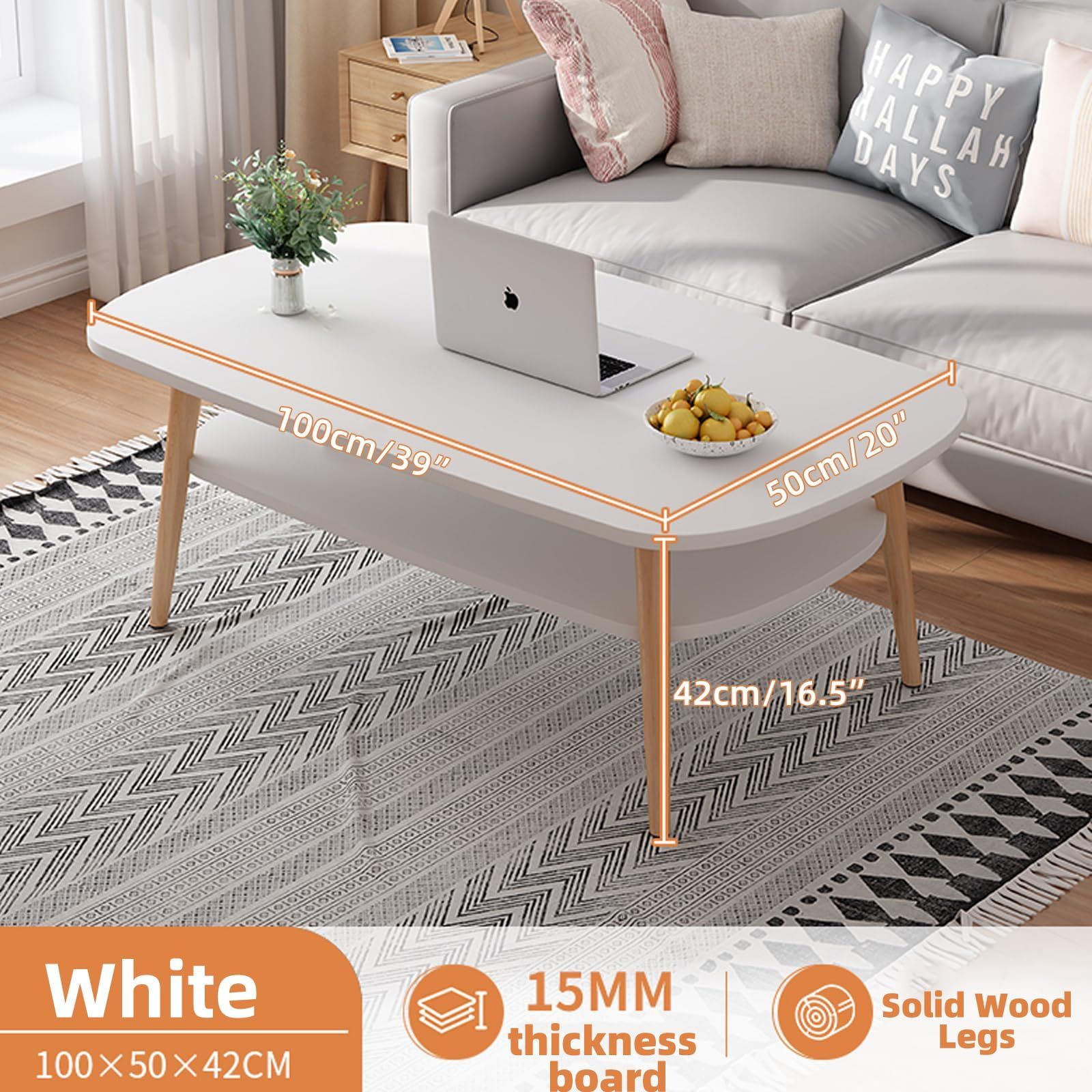 在庫処分 省スペース 取り付け組立簡単 一人暮らし ホワイト シンプル おしゃれ テーブル ナチュラル リビング 頑丈 コーヒーテーブル 木製 2段収納棚付き 幅100×奥行50×高さ42cm センターテーブル 白 ローテーブル