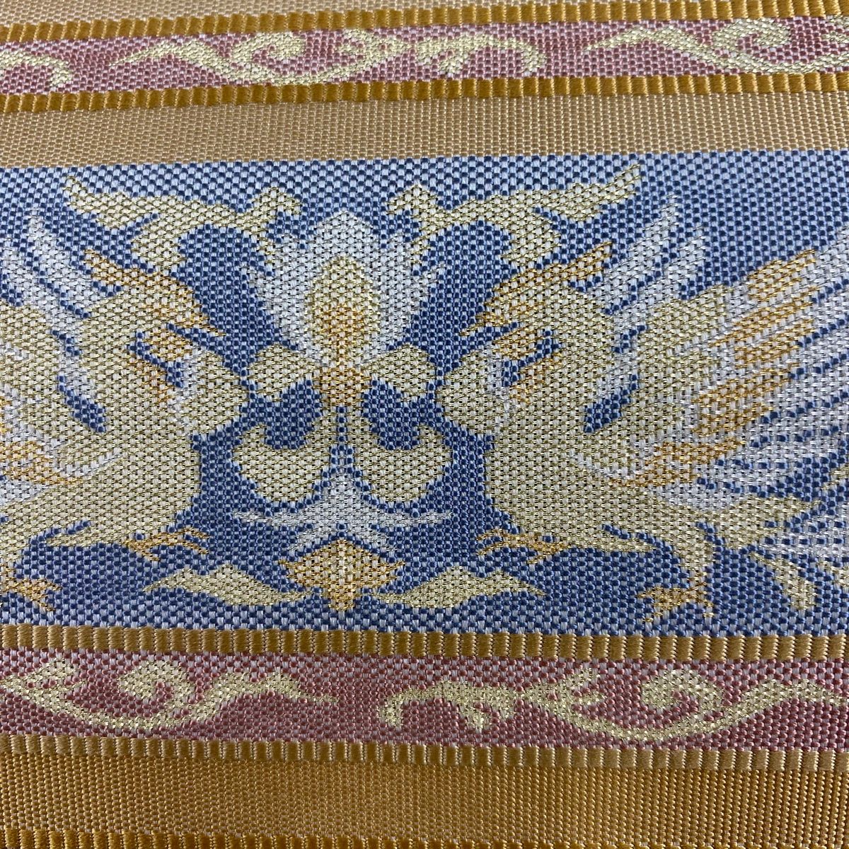 モダンな京袋帯　正絹　美品 袋帯 美品 秀品 草花 向かい鳥 金銀糸 薄茶色 六通 正絹 【中古