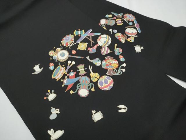 平和屋着物○塩瀬 九寸名古屋帯 玩具文 黒地 金彩 正絹 逸品