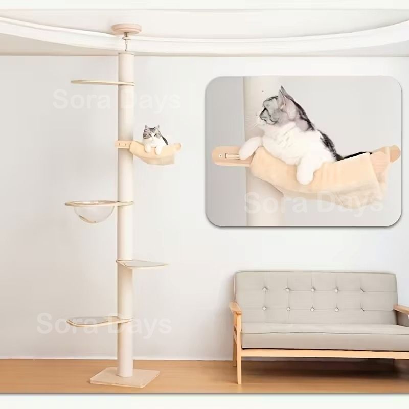 キャットタワー 猫タワー 大型猫用 突っ張り式 ハンモック付き シンプル おしゃれ 可愛い インテリア 北欧 多頭飼い 宇宙船 爪とぎ 運動不足解消 安定 調節 スリム 省スペース ホワイト ラバーウッド コットン紐 高さ195～267cm