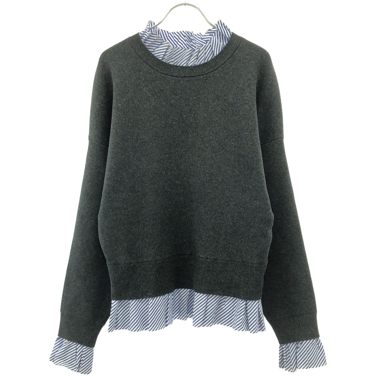 ENFOLD エンフォルド WOOL COTTON PO ウールコットン ストライプフリルプルオーバー トップス 300ES370-1230 グレー ブルー 38