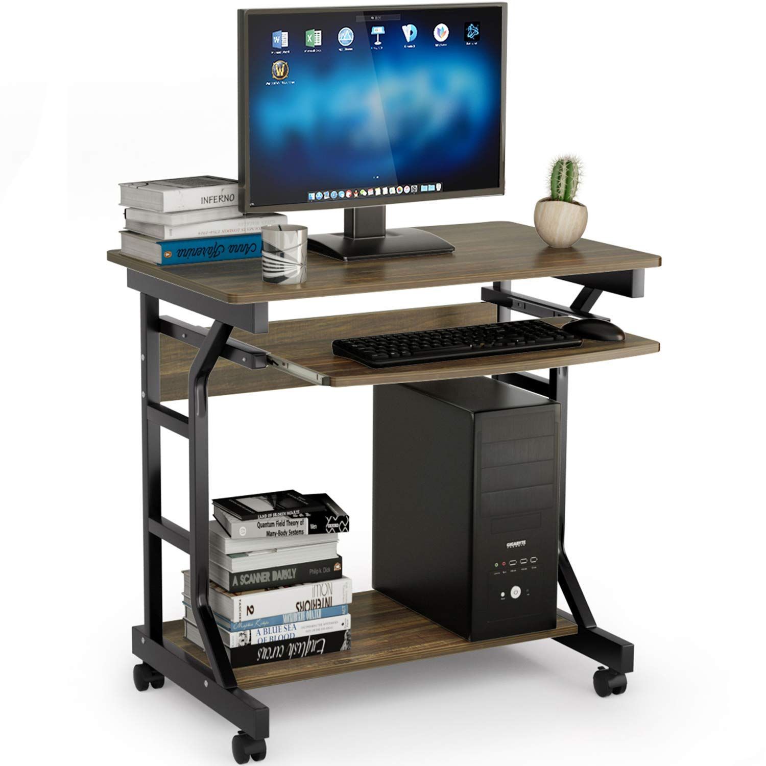 新着商品 幅80cm パソコンデスク テレワーク用 机 pcデスクパソコンラック 収納ラック付き 木製 テーブル DEWEL 木目柄 キャスター キーボードテーブル付 シンプル メラミン加工 80X50X75cm