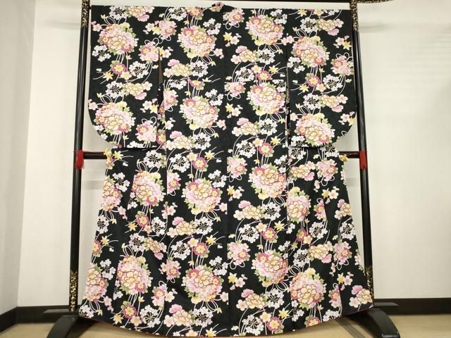 平和屋着物○小振袖 二尺袖 花毬文 黒地 金彩 洗える着物 AABC8087ck