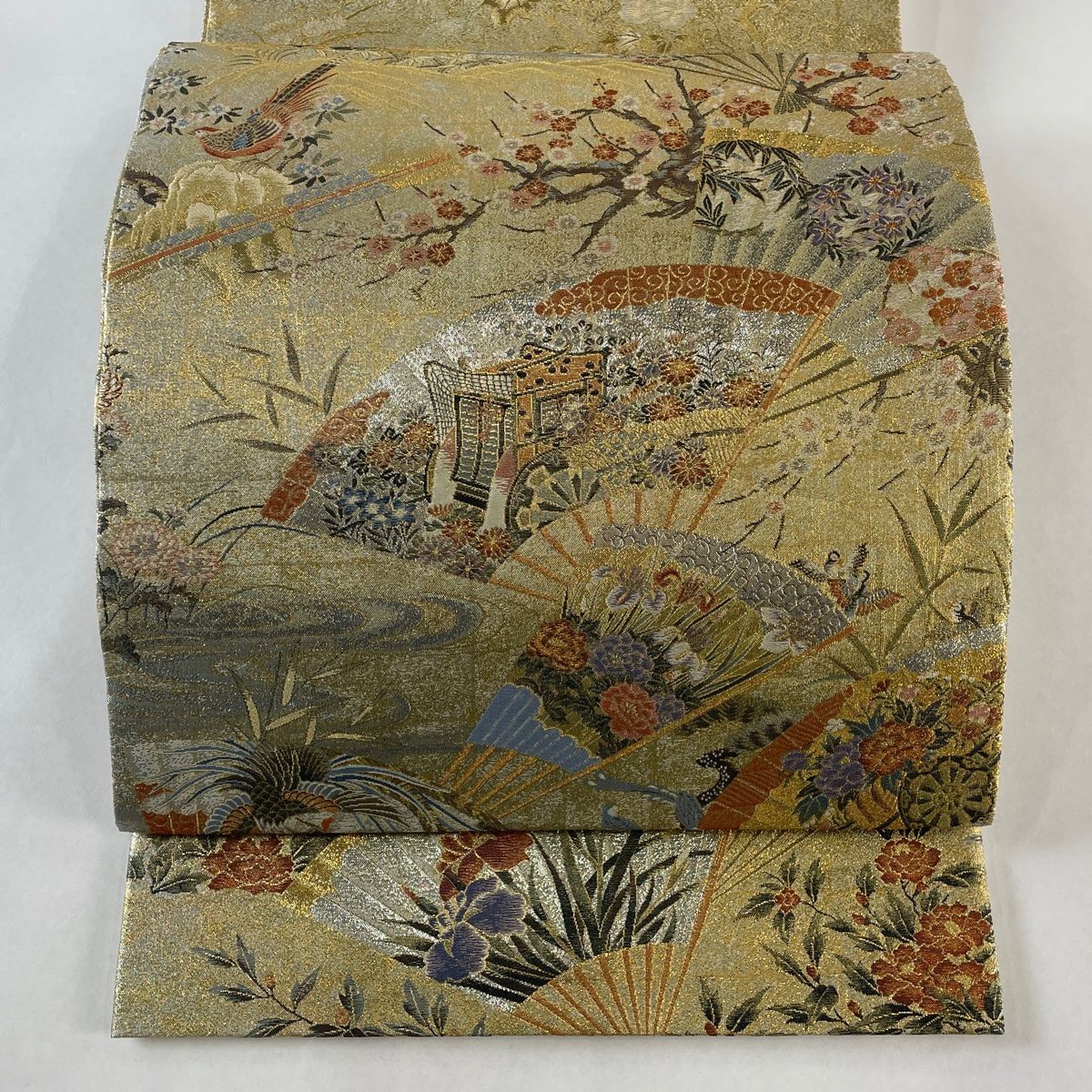 丸帯 桃山扇面鳳凰文 箔 金糸 金色 六通 正絹