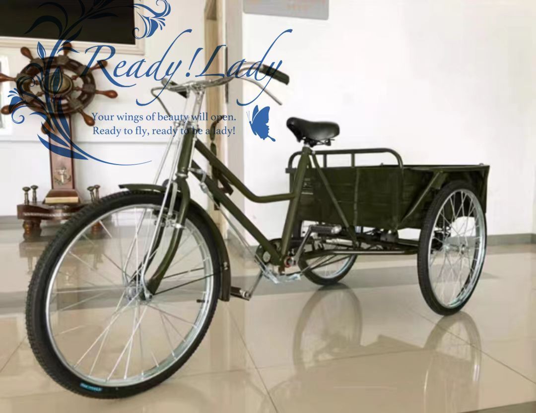 三輪自転車 大人用貨物三輪車 ダブルブレーキ 三輪車 24インチ 載荷重100kg 大容量 貨物バスケット後カゴ付 グリーン 全長2160mm