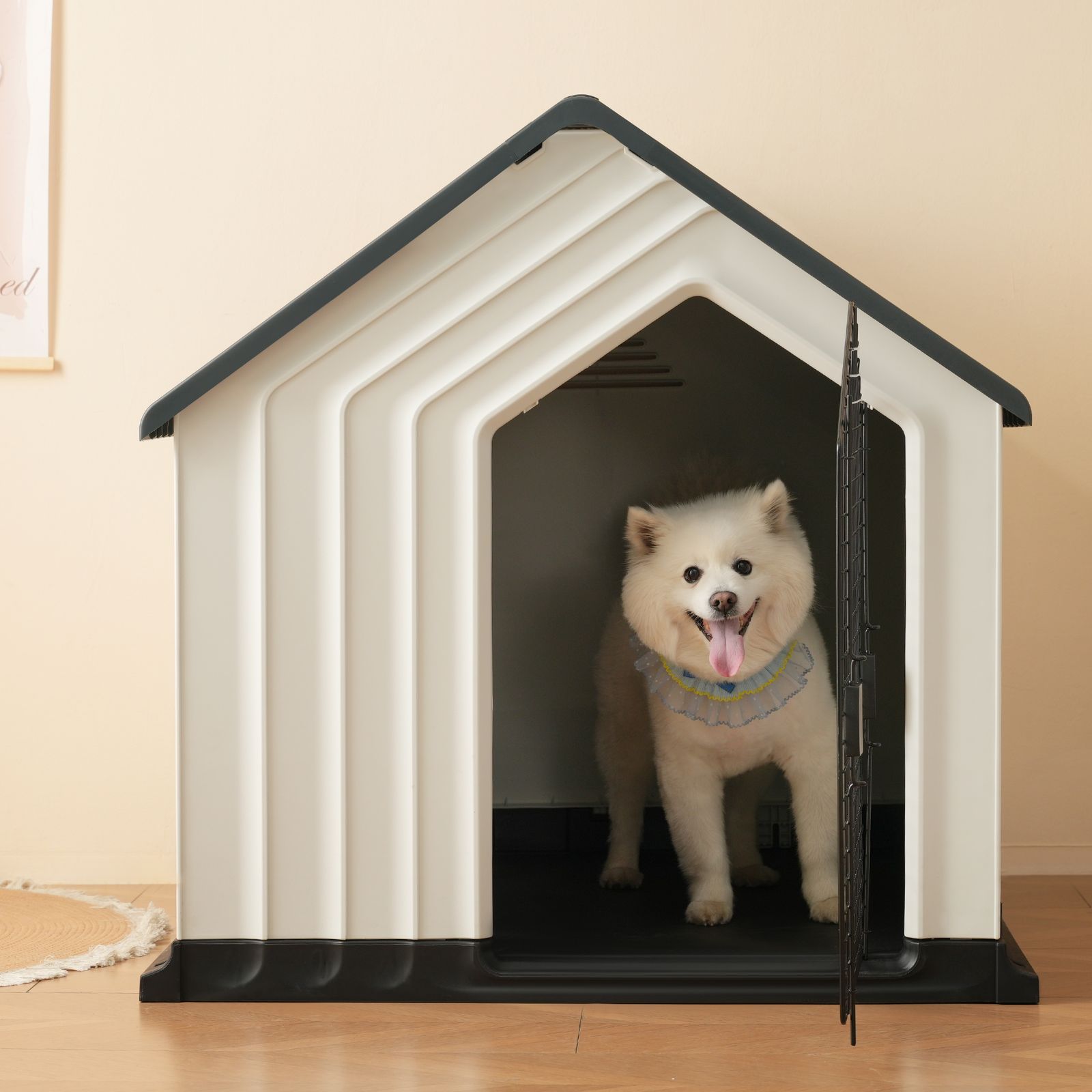 セール中 犬小屋 ドア付き ペットハウス ペットケージ プラスチック製 犬 室内犬 室外 ペットゲージ オシャレ ボブハウス ペットハウス ペットサークル L グレー