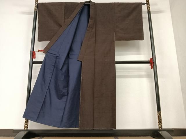 平和屋着物○男性 紬 アンサンブル 色無地 黒鳶色 正絹 逸品