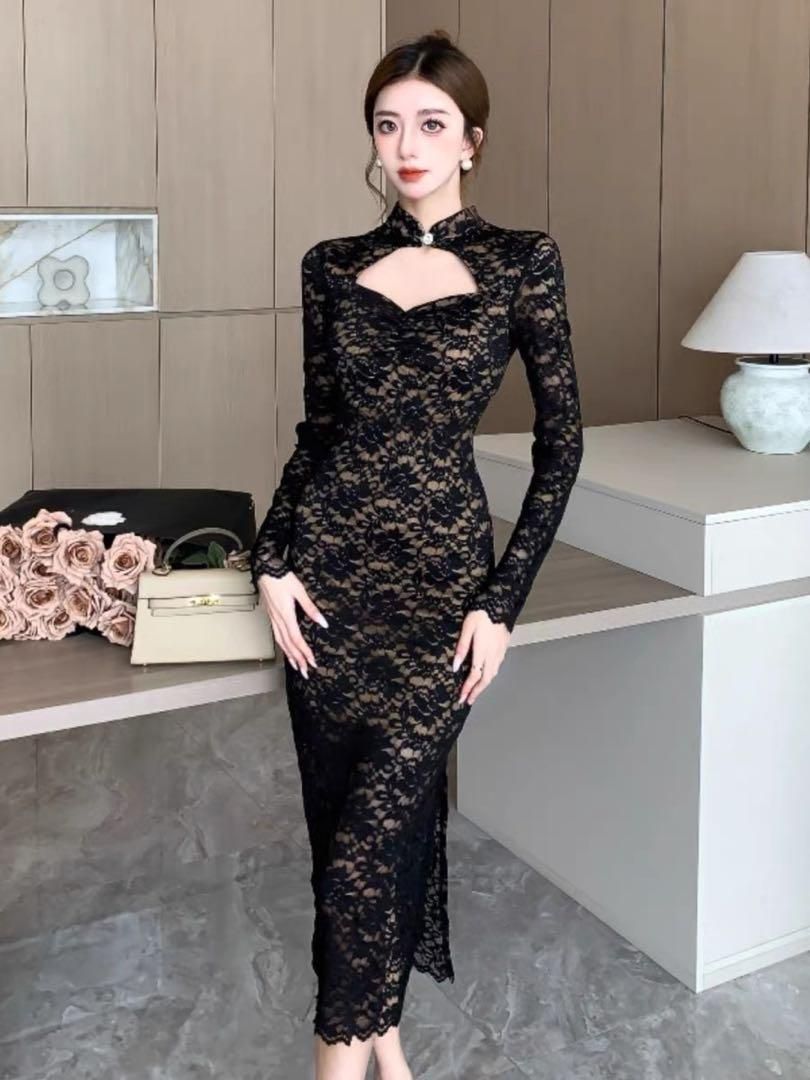 美しい総レースのロングワンピース　結婚式 パーティー セクシー 胸元カットライン 新品未使用 レディースファッション 人気商品 美しい総レースの