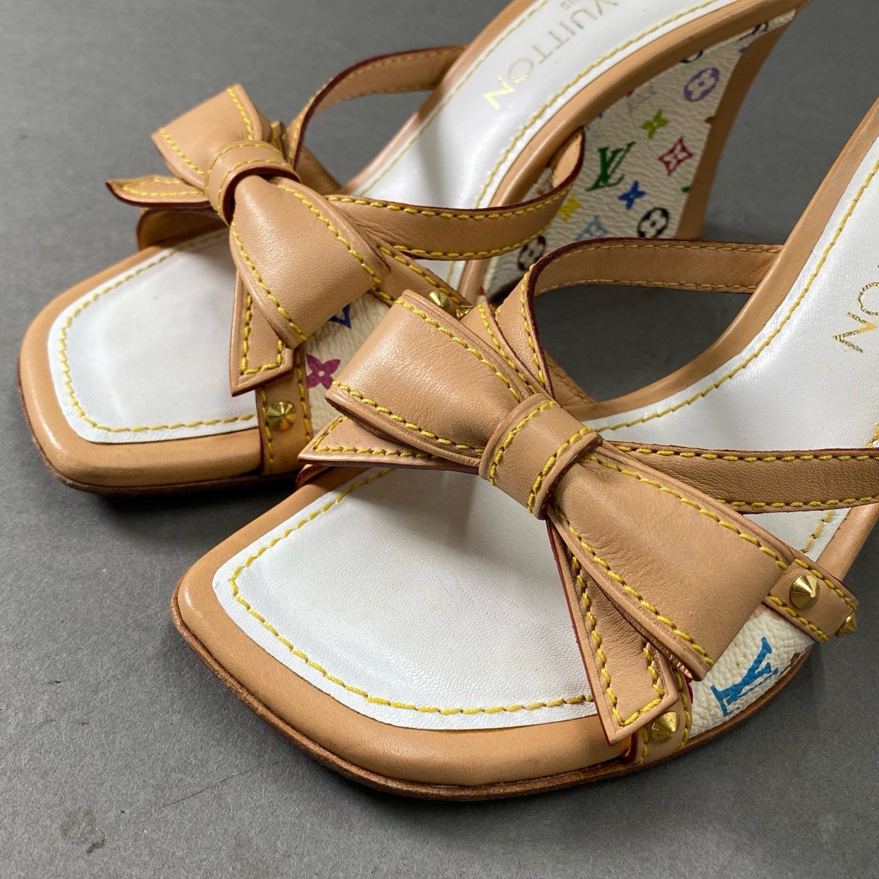 【美品/希少】ルイヴィトン マルチカラー ウェッジソール サンダル 37.5 4f20 LOUIS VUITTON ルイヴィトン マルチカラー モノグラム スタッズ