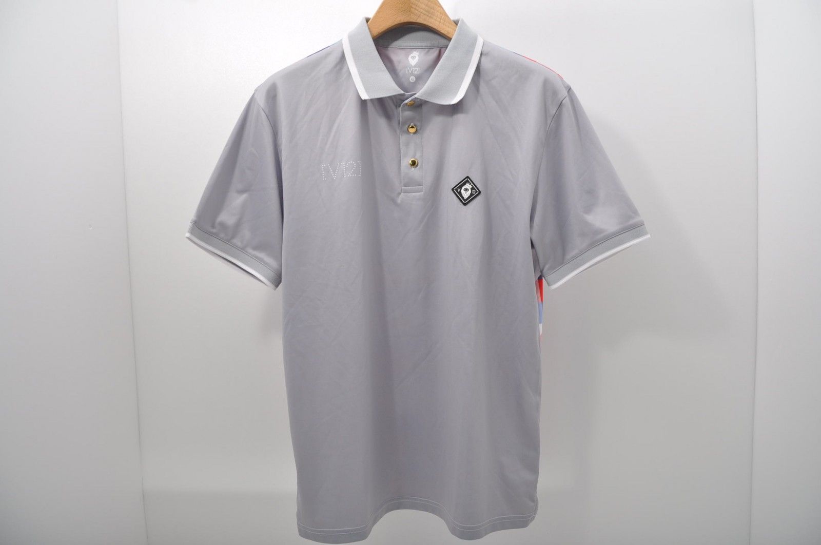 中古 メンズ ヴィ・トゥエルヴ V12 半袖ポロシャツ XL グレー 赤系×紫系 チェック/星柄