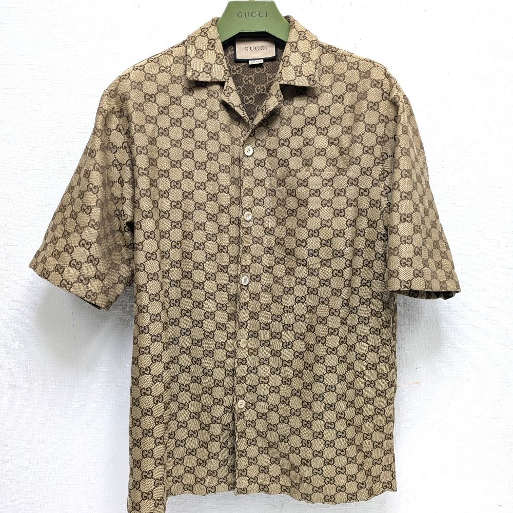 Dz805902 グッチ 半袖シャツ GGリネン ブレンド キャンバス シャツ GGスプリーム 742707 ZAM7G 2580 ブラウン メンズ GUCCI