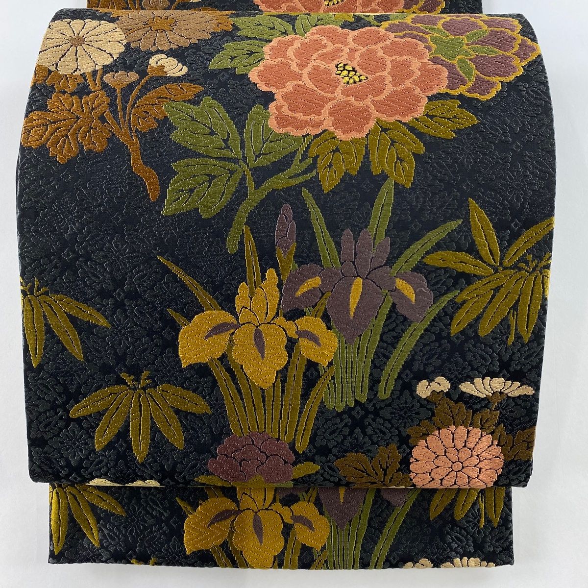 袋帯 秀品 草花 金糸 黒 六通 正絹