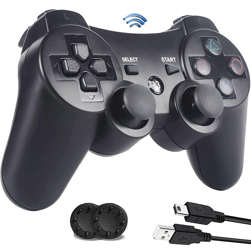 P3 コントローラー【2024アップグレード版】DUAL-SHOCK3用 コントローラー Bluetooth 振動機能 ワイヤレス ゲームパッド USB ケーブル P3 ワイヤレスコントローラー アシストキャップ 2枚付き (ブラッ