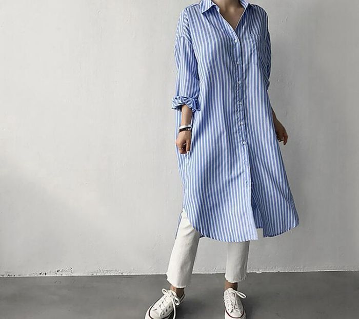 シャツワンピース ロングシャツ ワンピース ミディアム丈 長袖 シャツ レディース スリット入り チュニック ストライプ シャツワンピ 春夏 シャツワンピース ロングシャツ ワンピース ミディアム丈 長袖