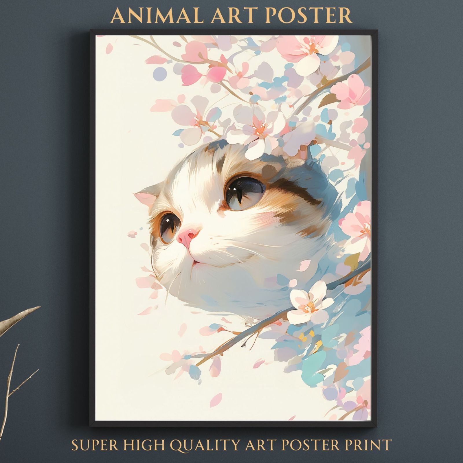 桜猫戯舞 - スコティッシュフォールド No.1 桜 花見 春 花びら 子猫 猫 キャット ペットロス うちの子 記念日 アートポスター 犬の絵 犬のイラスト ギフト プレゼント