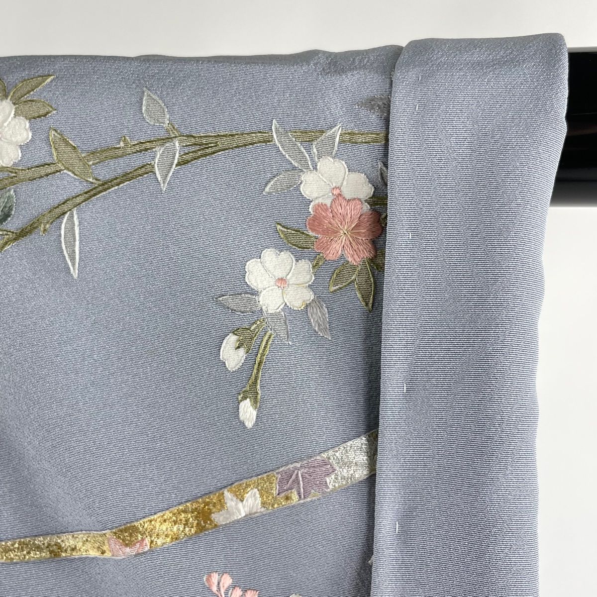 訪問着 身丈158.5cm 裄丈64cm M 袷 扇 草花 刺繍 金銀彩 青灰色 正絹 
