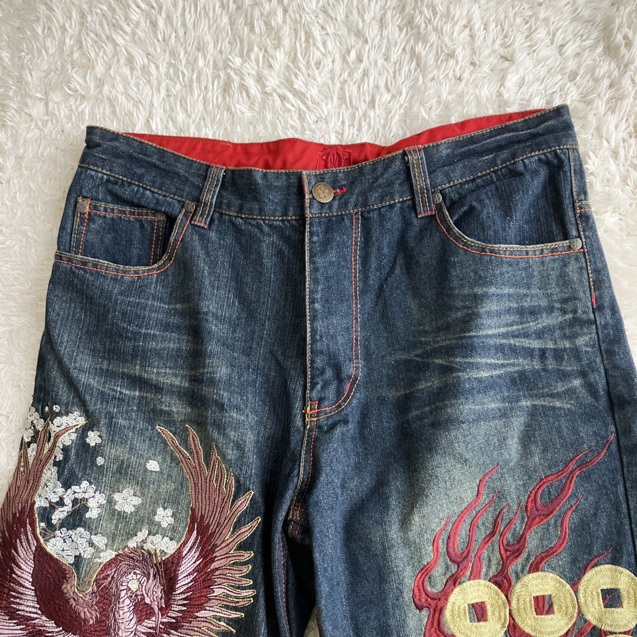 美品！流儀×花鳥風月 コラボ 和柄ジーンズ 刺繍 鳳凰 六文銭 デニム