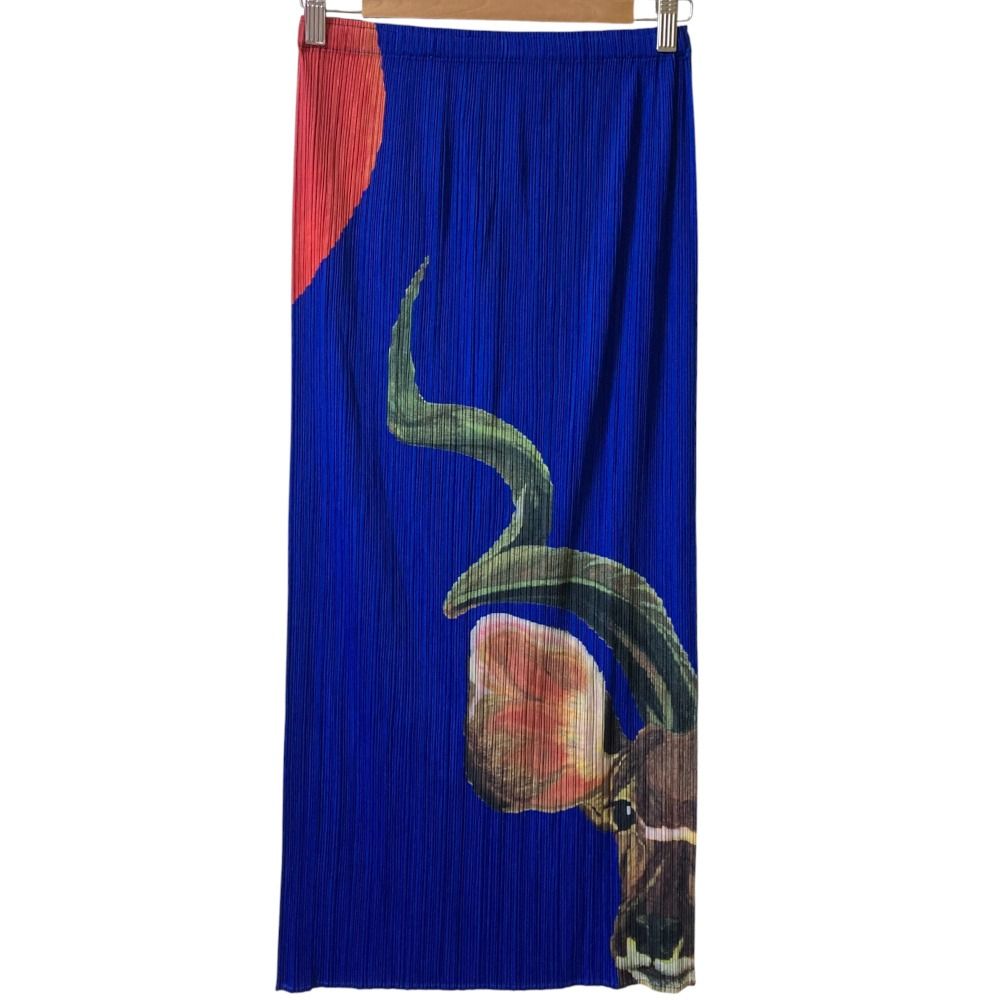 PLEATS PLEASE ISSEY MIYAKE プリーツプリーズ イッセイミヤケ フラミンゴプリント ロングスカート PP51-J6776 サイズ3 ブルー レディース 古着