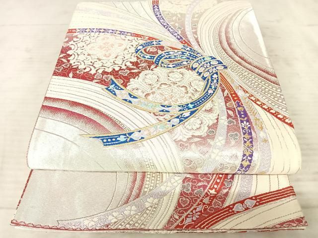 平和屋着物◎両面六通柄袋帯 唐織 結び紐花文 金銀糸 正絹 逸品