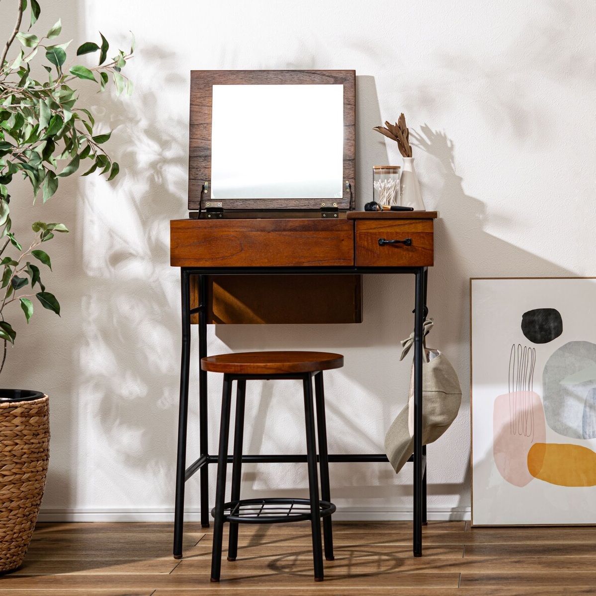 ♪天然木 アンティーク調 ドレッサーセット ドレッサー-スツール 鏡台 化粧台 ミラー