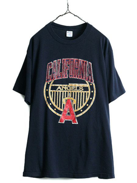 80s USA製 チャンピオン MLB エンゼルス プリント Tシャツ XL 紺Tシャツ/カットソー(半袖/袖なし)