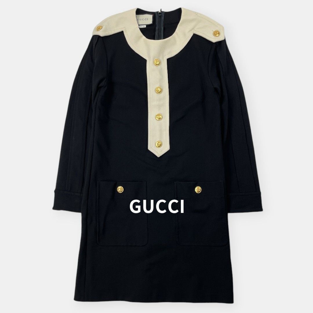 GUCCI インターロッキング GGボタン バイカラー 長袖 ワンピース S 黒
