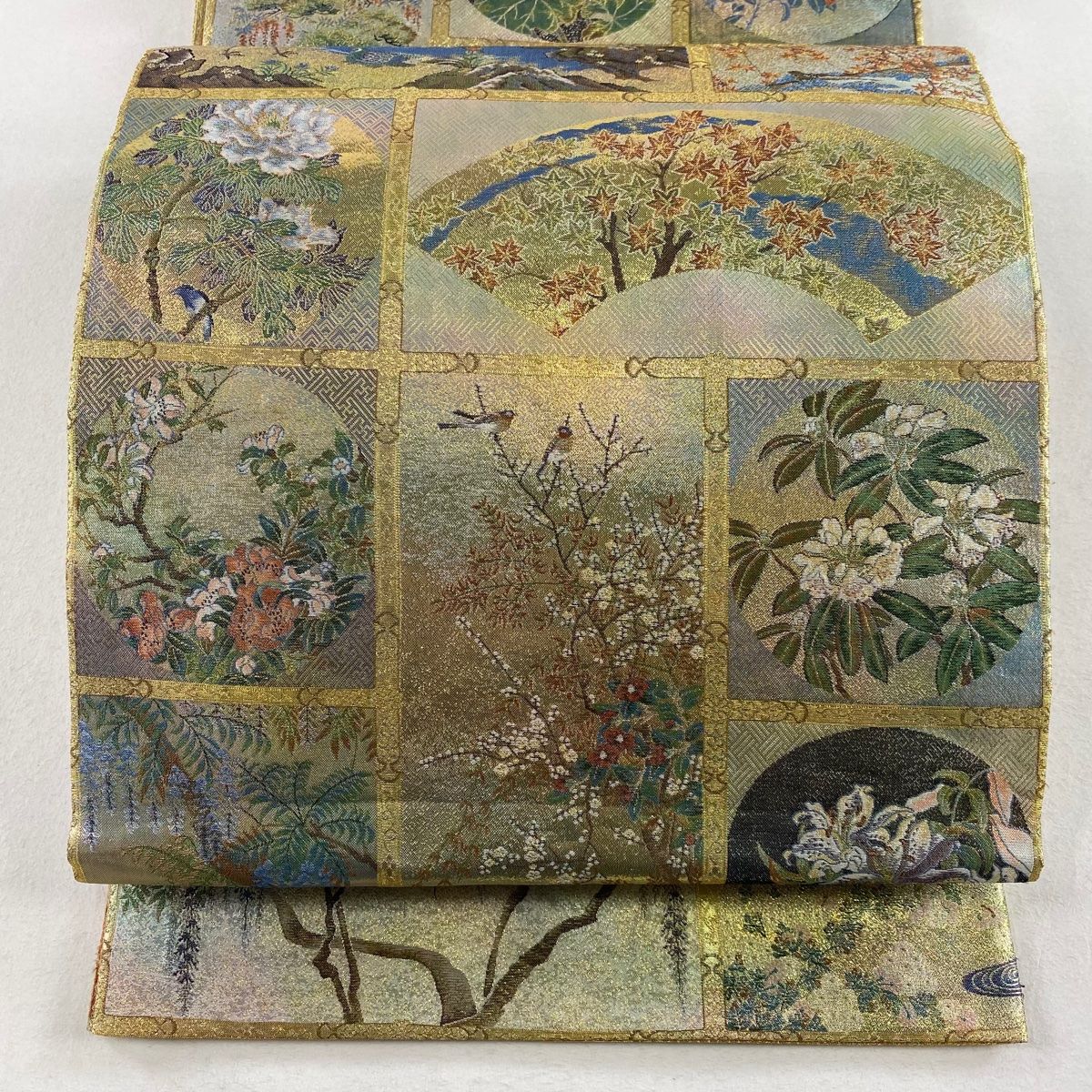 丸帯 名品 花鳥画天井絵図 壱阡八百口織 格天井 花丸文 プラチナ本金箔 金糸 青灰色 全通 正絹