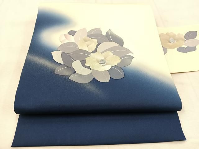 平和屋着物◎塩瀬 九寸名古屋帯 手書き 椿 金銀彩 正絹 逸品