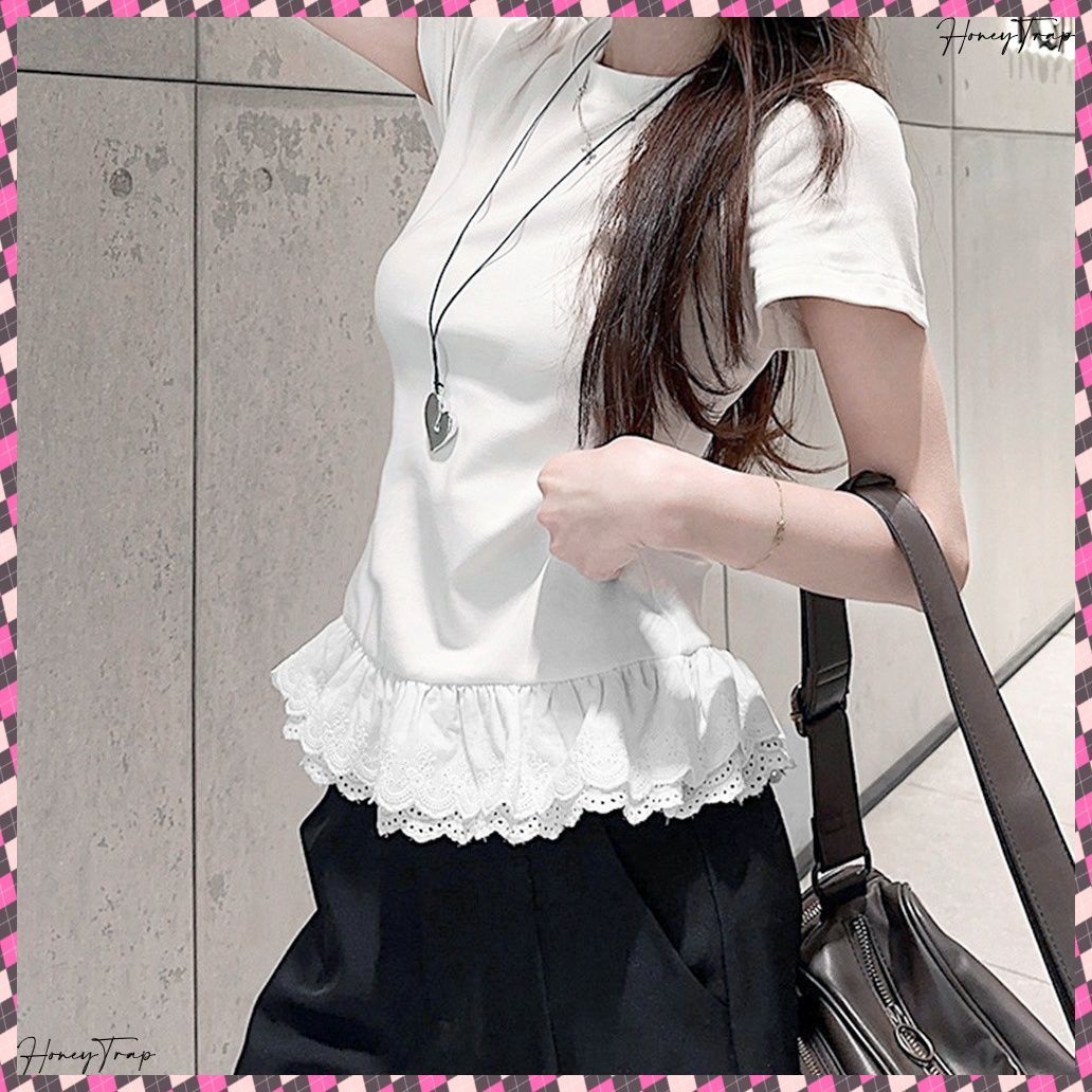 tシャツ 裾切替レースフリルレイヤード半袖Ｔシャツ レディース 裾フリルレイヤードTシャツ(2colors)（白・赤）春/夏 レイヤード
