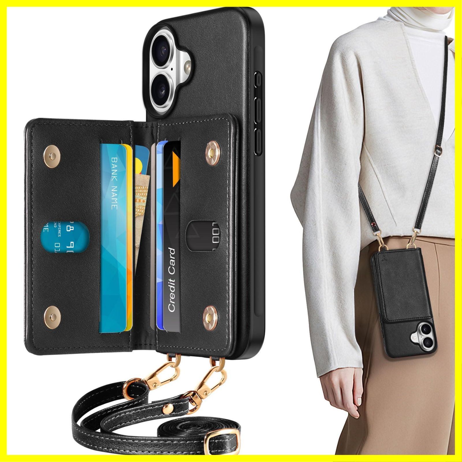 売れてます】背面 手帳型 ショルダーストラップ付き ケース アイフォーン16ケース PUレザー [