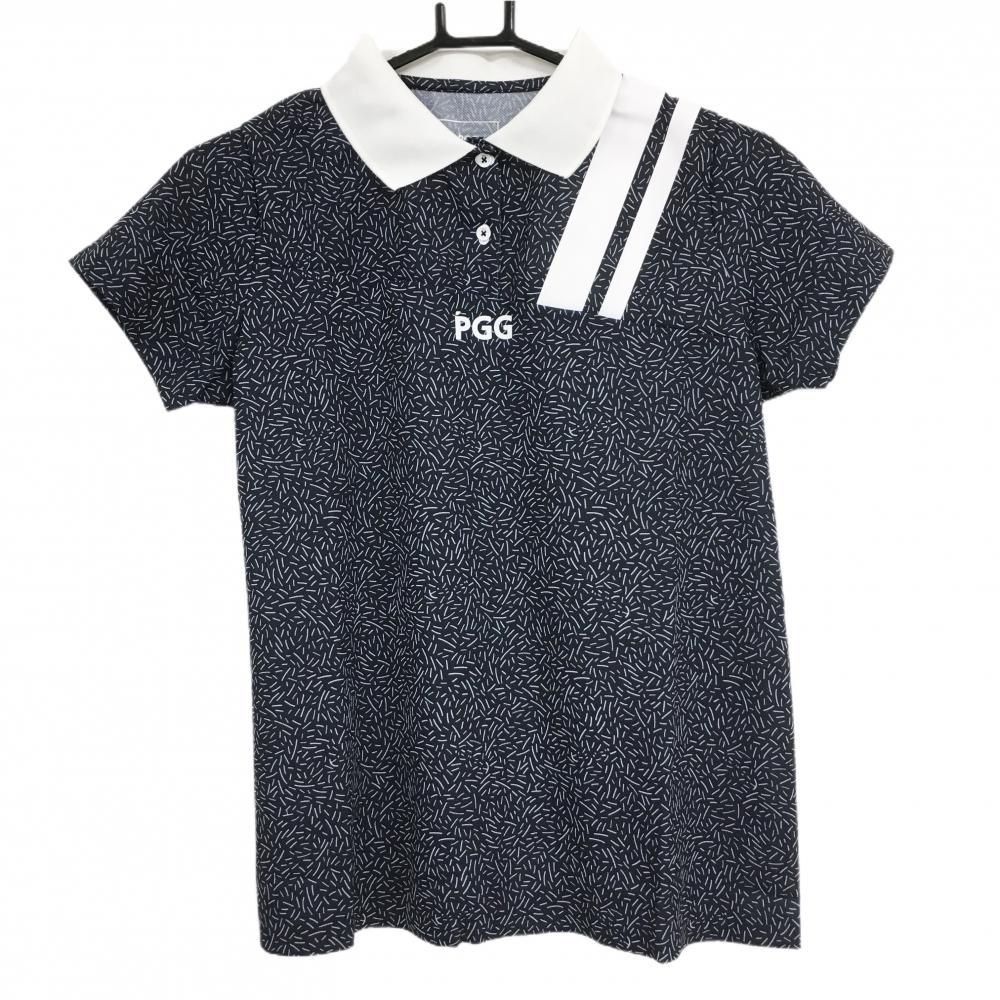 PGGパーリーゲイツ 半袖ポロシャツ ネイビー×白 総柄 ロゴプリント レディース 0 S ゴルフウェア PEARLY GATES